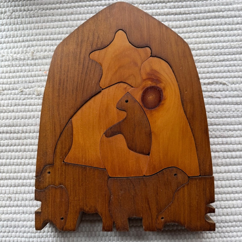 Vintage Wooden Nativity Scene Puzzle 7 Piece Handcrafted Wood Manger Set Arched
